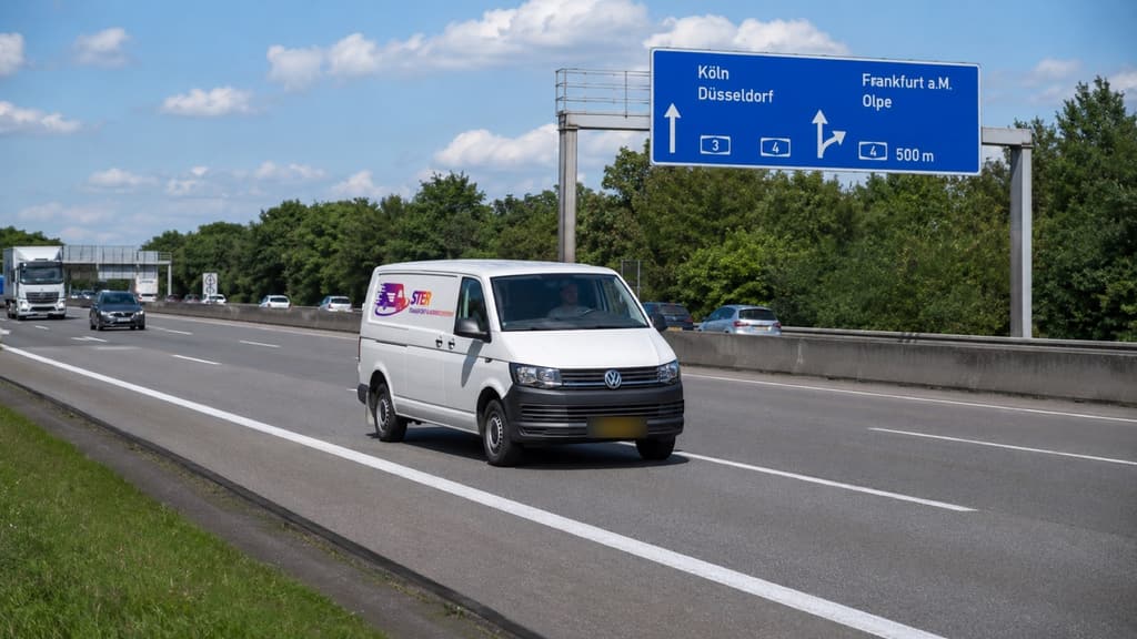 Bus van Ster Transport onderweg op de Duitse snelweg richting Keulen en Frankfurt
